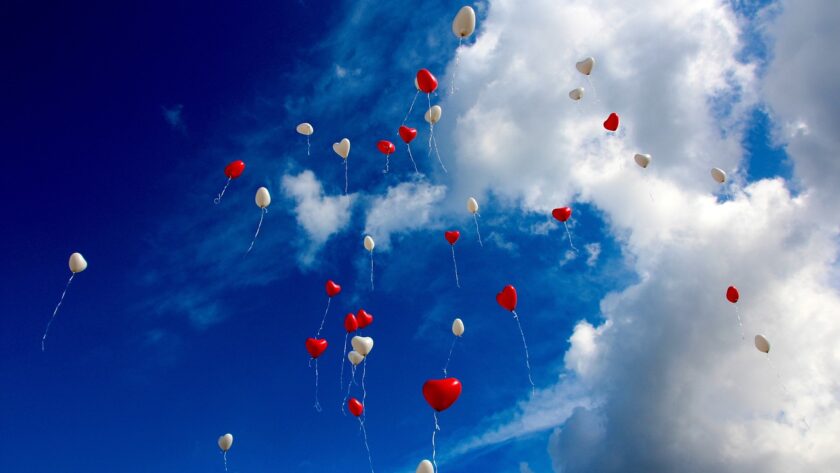 balloons, heart, sky